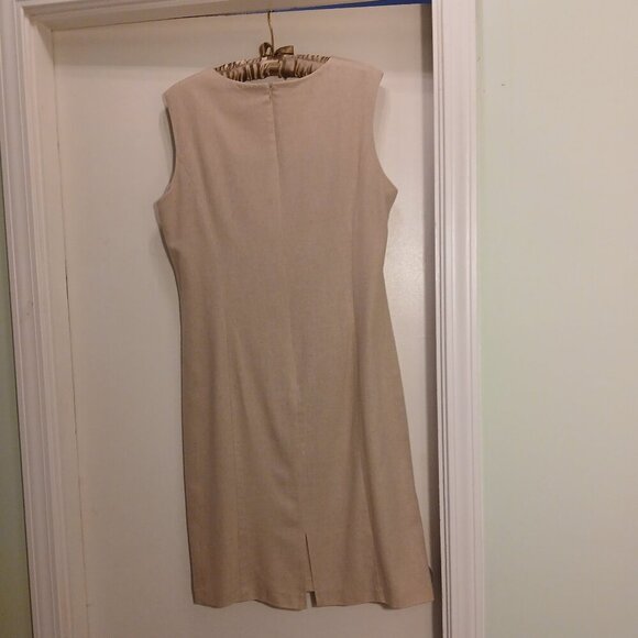 Vintage Linen Blend Sheath Dress Scoop Neck Midi Neutral Lt.Wheat Shade Sz 12 - Picture 2 of 6